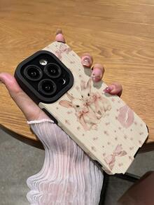 可爱兔子蝴蝶结竖条纹图案优雅仿皮防震防指纹手机壳，适合作为生日/节日礼物送给朋友、家人、情侣，兼容及其他型号 - 彩色 - 查看 5