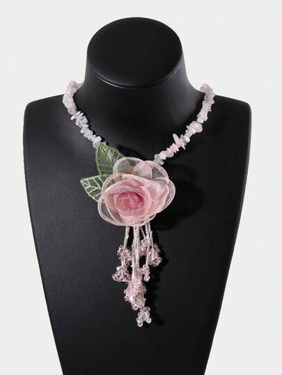 1件夸张甜美粉色布艺玫瑰流苏吊坠不对称天然石珠项链，适合女性日常、派对、婚礼、新娘佩戴，是节日理想的珠宝礼物。