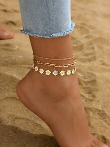 Set de 3 piezas Tobilleras de cadena dorada minimalista con margaritas, adecuadas para uso diario y vacaciones - 775 Juego de tobilleras de tres piezas - Ver 4