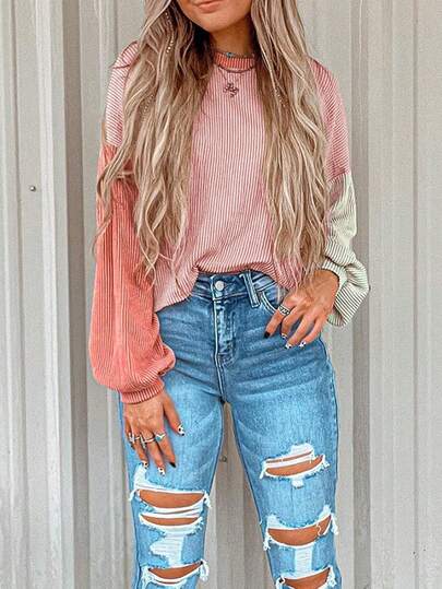 CILKOO Women's Round Neck Colorblock Drop Shoulder Long Sleeve Casual T-Shirt Spring