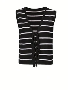 Joy Knit 女士春夏新款针织上衣 - 休闲简约 V 领条纹系带蝴蝶结背心罩衫度假沙滩黑色 - 黑色 - 查看 5