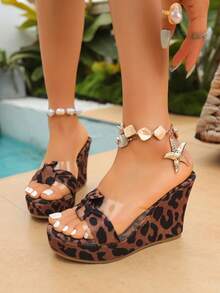 Sandalias de plataforma sexy de tacón súper alto con estampado de leopardo y punta abierta transparente, cómodas sandalias de cuña de moda para mujeres - Marrón - Ver 2