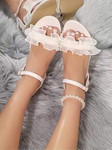 1 Pair Summer Fashion Elegant Princess Style Open Toe Low Heel Ankle Strap Flat Sandals For Teens - Beige - View 4