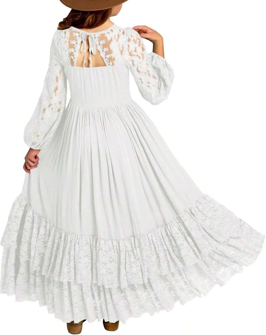 2026 Girls Elegant Lace Flower Boho Dress Long Sleeve Backless Square Neck Ruffle Party Maxi Dress - 05 白色 - 查看 1