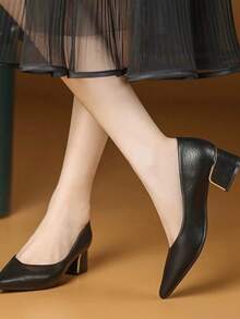 Women's 5cm Black Pointed Toe Flat Pumps, 2026 Spring/Autumn 5cm Chunky Heel Black Pointed Toe Pumps Suitable For Interview, Office, Career Outfit - Black - View 5