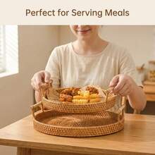 Round Rattan Tray With Handle - Woven Rattan Decorative Storage Tray With Sturdy Base, Cute Rustic Design, Easy To Clean - Rattan Tray Suitable For Decor, Breakfast, Coffee Table, Fruit, Vegetables, Bread, Dining And Kitchen Use, Home Decor, Outdoor Picnic, Great For Weddings And Birthdays, Ladies Gifts - Multifärgad - Visa 5
