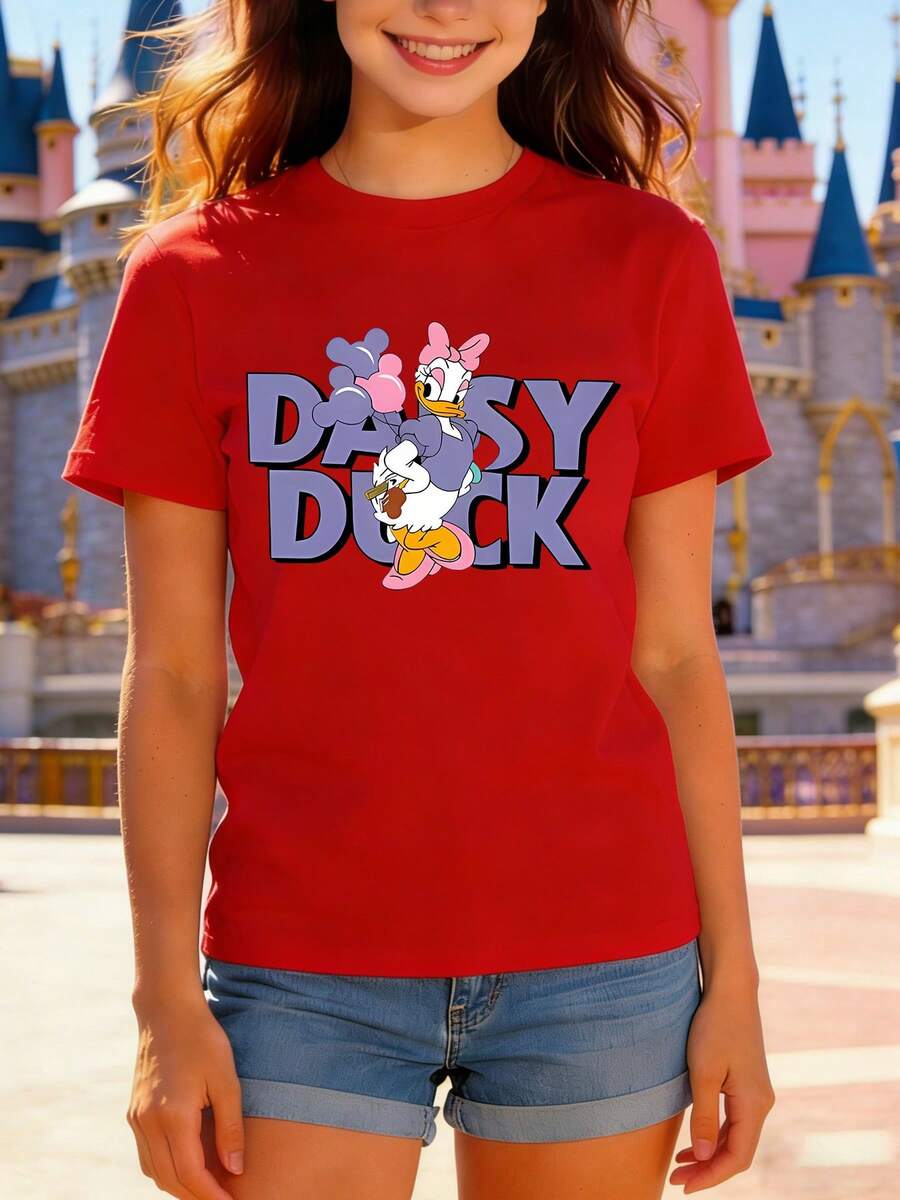 Crew Neck T-Shirt | Disney Daisy Duck Balloon Theme | Gift For Disney FansMade With Soft, Comfortable, And Durable Materials, This Is An Ideal Choice For Spring And Summer. This Crew Neck T-Shirt Is Suitable For Various Occasions, Including Everyday Wear, Shopping, Parties, Travel, And Gatherings, And Also Makes A Thoughtful Gift. - 紅色 - 查看 1