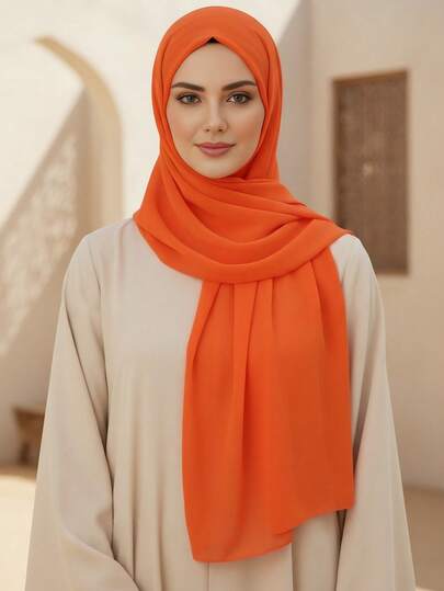 1pc Solid Color Long Chiffon Muslim Headscarf, Breathable Hijab