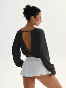 Best Selling! Light Gray Open Back Long Sleeve Fitted Top, Casual & Sexy Sports - Black - View 5