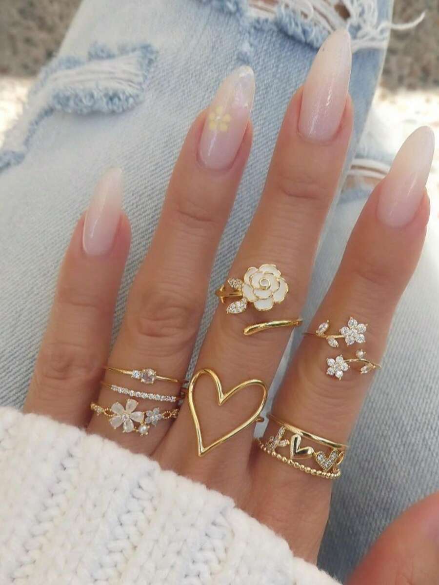 7pcs/Set Minimalist Elegant Flower & Heart Rhinestone Ring Set, Suitable For Women, Couples, Friends, Vacation, Daily Wear, Wedding, Mother's Day Gift - Yellow Gold - View 1