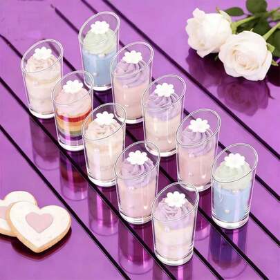 10/20/30/50/100 piezas Vasos redondos transparentes con borde inclinado, vasos para mousse, vasos para pudín, vasos para postres, vasos para bebidas frías de fiesta, reutilizables, adecuados para bodas, festivales y diversas celebraciones temáticas