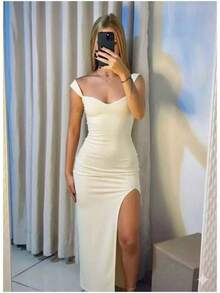 Elegant Women's Long RILARY Dress With Side Slit And Off-The-Shoulder Neckline – Fitted Style For Parties/Evenings - OFF WHITE - 查看 4