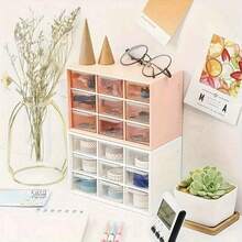Caja de almacenamiento de cosméticos con 9 compartimentos, organizador a prueba de polvo para el escritorio del dormitorio de estudiantes, estante de almacenamiento de varias capas para tocador de oficina. - Multicolor - Ver 3