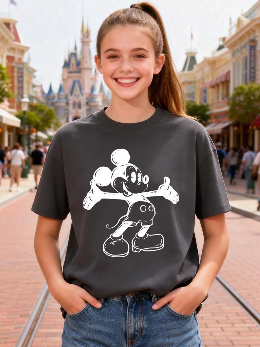 Disney Women's Casual Cotton Mickey Mouse Graphic Print Short Sleeve Regular Fit Round Neck T-Shirt - 黑色 - 查看 1
