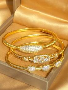 18K Gold Plated Stainless Steel Elegant And Sparkling Zirconia Women's Bracelet Suitable For Daily Wear, Party Accessories, Birthday And Anniversary Gifts Halloween Christmas Thanksgiving Boho Jewelry Daily Party Summer Jewelry Mom Gift, Back To School Gift Birthday Wedding Gift - Multicolor - View 5
