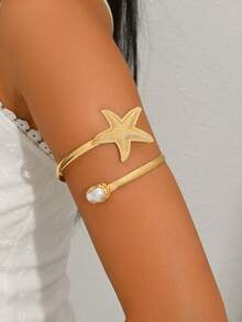 1pc Bohemian Style Starfish Faux Pearl Inlaid Gold Tone Arm Cuff, Suitable For Women's Daily Wear, Beach Vacation, Party - Multicolor - View 4