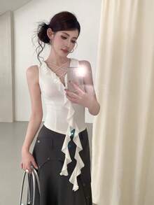 Sexy Tassel Asymmetrical Strap V-Neck Tie Ruffle Trim Fitted Camisole Top - White - View 2