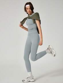 1pc Women High Waist Elastic Fitted Letter Print Sports Leggings - Light Grey - View 5