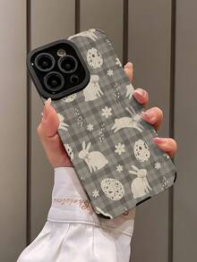 1pc Minimalist Personalized Gray Plaid Bow Rabbit & Egg Pattern Vertical Faux Leather Soft Protective Phone Case, Suitable As Gift For Friends And Couples, Compatible With Apple And Phones 17/17AIR/17PRO/17PROMAX - Multicolor - View 3