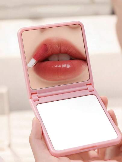 1个粉色方形折叠粉盒镜，夏季补妆必备，便携式化妆工具，适合日常使用和旅行，价格实惠的圣诞节/派对小礼物，女士化妆配件
