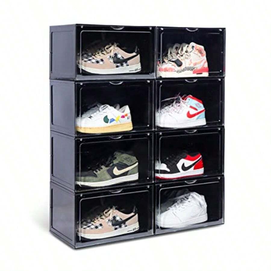 Caja De Almacenamiento De Zapatos XL Lateral Abatible Paquete De 8 Contenedores Exhibición De Zapatillas De Plástico Transparente Apilable - PAQUETE DE 8 NEGROS - Ver 1