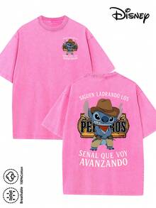 Disney-Licensed Men's Cotton T-Shirt For The 2026 Family Holiday. Featuring A Stitch Motif, Washed Crew Neck, Soft And Comfortable Feel, Easy Care And Suitable For Various Occasions Such As Holidays, Everyday Life And Commuting – Full Of Festive Spirit. - 玫紅色 - 查看 1