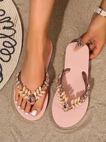 OXLL Luxury Rhinestone Flip Flops, Flat Round Toe Sandals, Soft Non-Slip Thong Slippers, Beach Goddess Style Slippers (Passed EU Standard Inspection) - Baby Pink - View 4