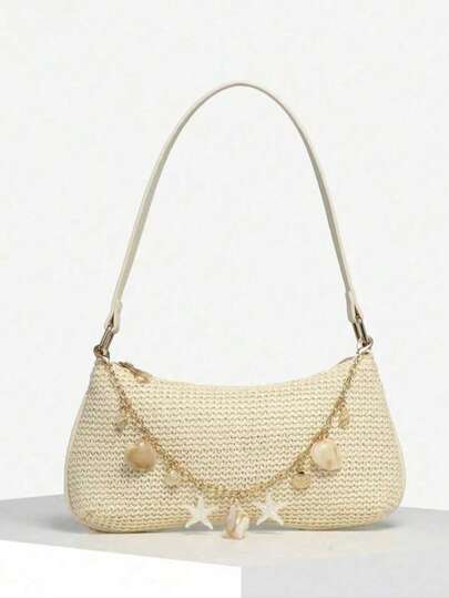 1pc Women's Vintage Resort Ocean Creature Faux Pearl Cherry Faux Fur Tail Woven Crossbody Bag, Suitable For Dates, Outings, Vacations , Beach