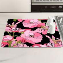 1pc Kitchen Counter Crimson Sakura Bloom Pattern Absorbent Non-Slip Coaster, Heat Resistant Tabletop Decoration For Coffee Bar, Home - Pink and White Checkered Pattern - View 2