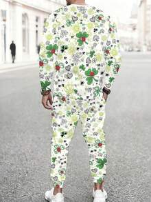 Set di pantaloni e maniche lunghe da uomo con stampa 3D a quadrifoglio verde per la festa del cappello | Colori vivaci, design senza collisione, senza selezione specifica del corpo, collo rotondo, vestibilità regular, adatto per la stagione primavera/autunno, ideale per il pendolarismo. - Colori misti - Visualizzare 2