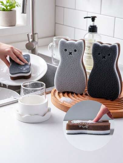 4/8/12件套可爱猫咪图案厨房海绵套装，清洁海绵，用于洗碗和清洁，厨房配件，专用于锅碗瓢盆，耐刮擦