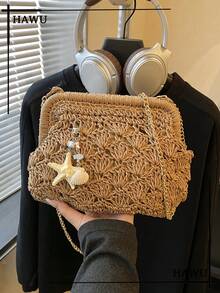 Starfish & Seashell Straw Clutch With Chain Strap | Summer Beach Vacation Essentials - Khaki - View 1