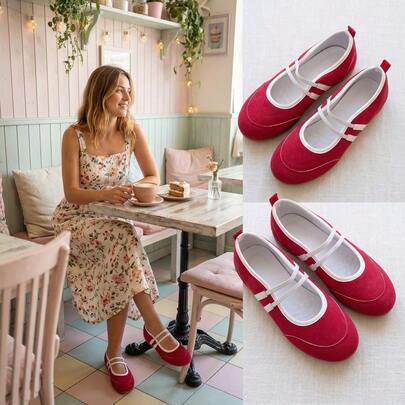 Giày bệt kiểu Mary Jane mới mùa hè 2026, giày búp bê màu đỏ, giày thể thao thường ngày, giày lười mũi tròn bằng da lộn thoáng khí thoải mái dành cho nữ.