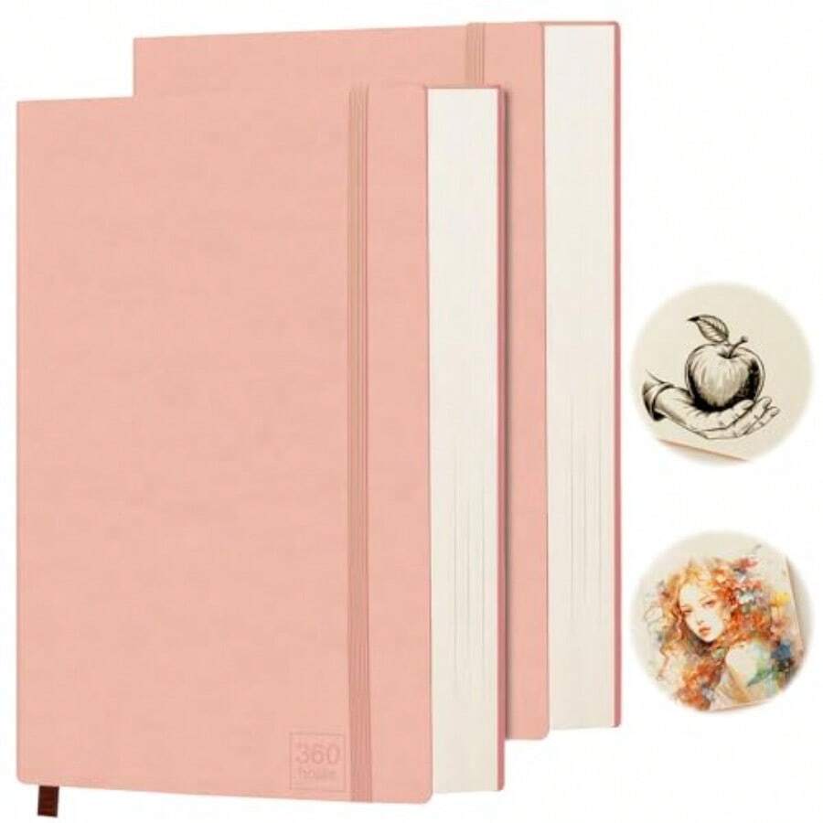 2 Packs Bloc de BocetosCuaderno de Dibujo A5 Cuaderno de Boceto 720 Páginas Cuaderno Engrosado Funda Impermeable de Cuero Suave para Dibujo Ilustración(Rosa + Rosa) - Rosa - Ver 1