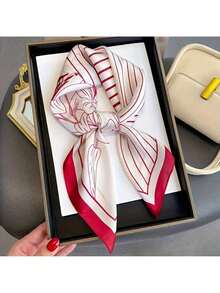 Elegant Lily Print Chiffon Square Scarf For Women, Lightweight 70cm Silky Neck Scarf & Headband, Soft Floral Decorative Wrap For Spring And Summer, Versatile Fashion Accessory For Daily Outfits, Travel Or Work, Perfect Gift For Her – Chic Retro Style Shawl - 紅色 - 查看 1