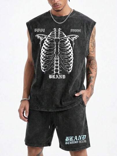 简约复古深色男士水洗做旧背心短裤套装