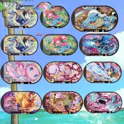这张图片展示了多张宝可梦和阿尔宙斯的集换式卡牌，其中包括超梦、梦幻、水箭龟、妙蛙花和喷火龙等经典角色。卡牌设计精美，色彩鲜艳，角色插画生动传神。部分卡牌甚至拥有五星评级和极高的战斗力，极具收藏价值。这些卡牌不仅是游戏道具，更是宝可梦粉丝们珍爱的纪念品，每一张都承载着童年冒险和战斗激情的美好回忆，将观者带回奇妙的宝可梦世界。
