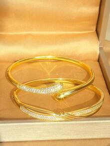 18K Gold Plated Twisted Double Layer Zirconia Stackable Bracelet Set, Fade-Resistant Adjustable Gold Bracelet, Elegant Women's Jewelry, Suitable For Daily Wear, Wedding - Multicolor - View 5
