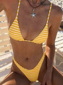 Women's Basic Striped Print Swimsuit, Suitable For Various Occasions From Pool To Beach In Summer, Daily Mini Triangle Bikini Beach Outfit - Yellow - View 7