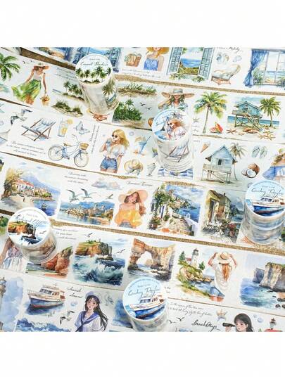 1卷2米沙滩主题和纸胶带，复古创意美学贴纸，DIY装饰拼贴工艺用品，节日礼物，个性化剪贴簿学校文具（6种随机款式）