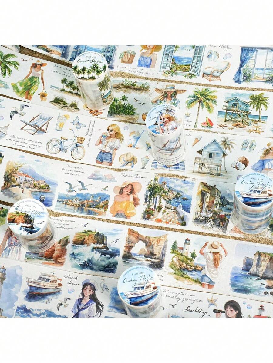 1卷2米沙滩主题和纸胶带，复古创意美学贴纸，DIY装饰拼贴工艺用品，节日礼物，个性化剪贴簿学校文具（6种随机款式） - 嶼你同行 - 查看 1