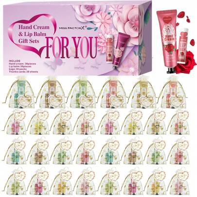 30 قطعة/علبة مجموعة هدايا كريم اليد وبلسم الشفاه ب- 12 رائحة، مع شبكة حقيبة بعبارة "بحب" وبطاقة شكر، هدايا زفاف، هدايا شركات، لوازم حفلات
