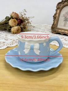 1pc 350ml Cute Blue Ceramic Cup Saucer Set With 3D Bow, Star Moon Embossment For Coffee Tea - Multicolor - View 11