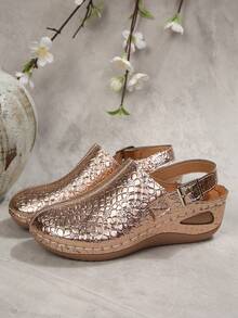 European And American Style Wedge Slide Sandals For Women, Backstrap Buckle Slip-On Casual Shoes, Versatile Matte Leather Commuter Shoes - Champagne - View 2