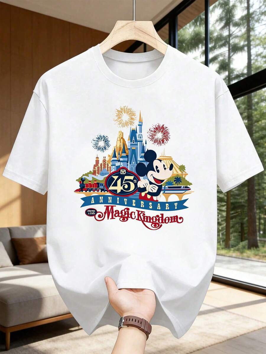 Disney Casual Cotton Mickey Mouse Magic Kingdom 45th Anniversary Print Regular Sleeve Round Neck T-Shirt - 白色 - 查看 1