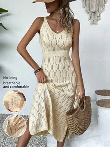 女士休闲V领纯色钩花开衩连衣裙，全白夏季款，奶油黄返校秋季款，优雅长款派对连衣裙，适合秋冬季节（图案随机） - 杏色 - 查看 3