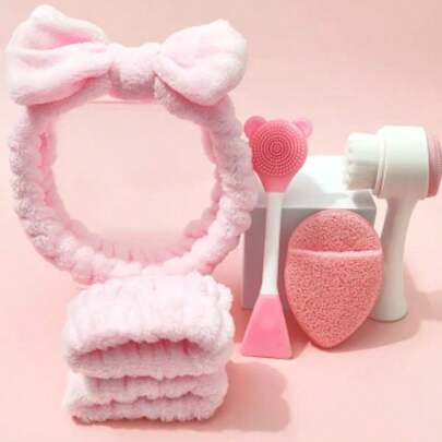 6 Pieces Per Set - Facial Cleansing Tools - Includes Portable Hair Band + 2 Wrist Bands, Silicone Facial Scrubber, Ultra-Fine Bristles, Face Washer + Double-Ended Facial Mask Brush - Facial Cleansing Pad - Makeup Removal Sponge - Travel-Friendly Facial Cleansing Set - Suitable For Home Beauty Routines, Outdoor Travel Use