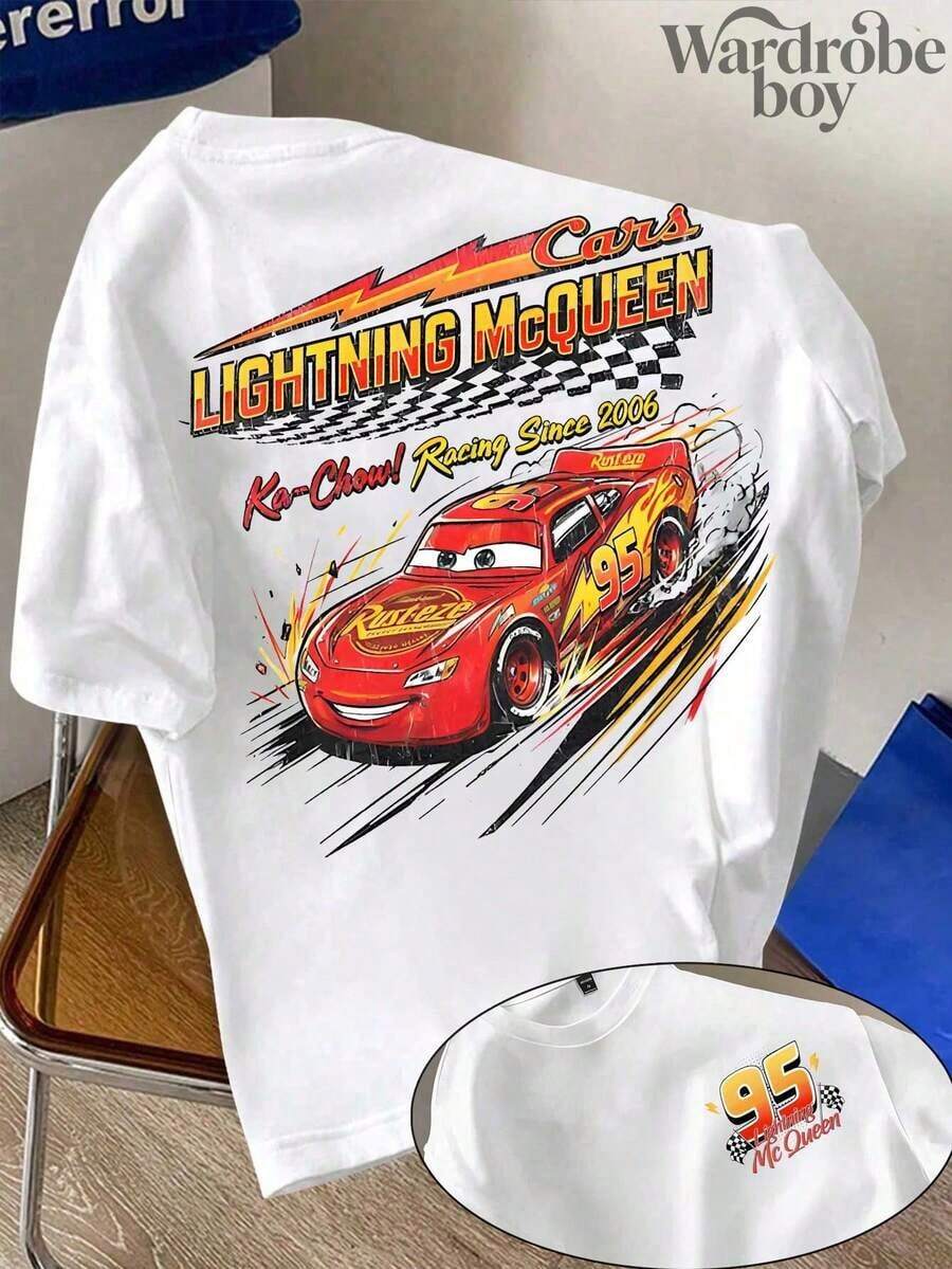 Disney Printed T-Shirt,Men's Lightning McQueen, Disney Cars Hoodie, Pixar Cars Radiator Springs TT-Shirt,Unisex,High-Quality Pure Cotton T-Shirt,Suitable For All Seasons, Comfortable And Breathable| Exquisite Design | The Best Choice For Giving Gifts - White - View 1