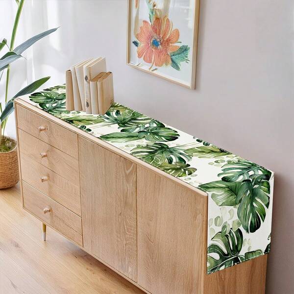 1 件热带棕榈叶桌旗，绿色植物涤纶桌旗，春夏派对装饰，家居厨房必备，理想礼物，餐桌装饰