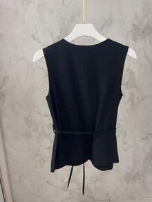 Elegant Formal Ensemble Consisting Of A V-Neck Vest With Tie Detail And A Midi Skirt With A Slit | Sophisticated Cut | Marrant - 黑色 - 查看 5